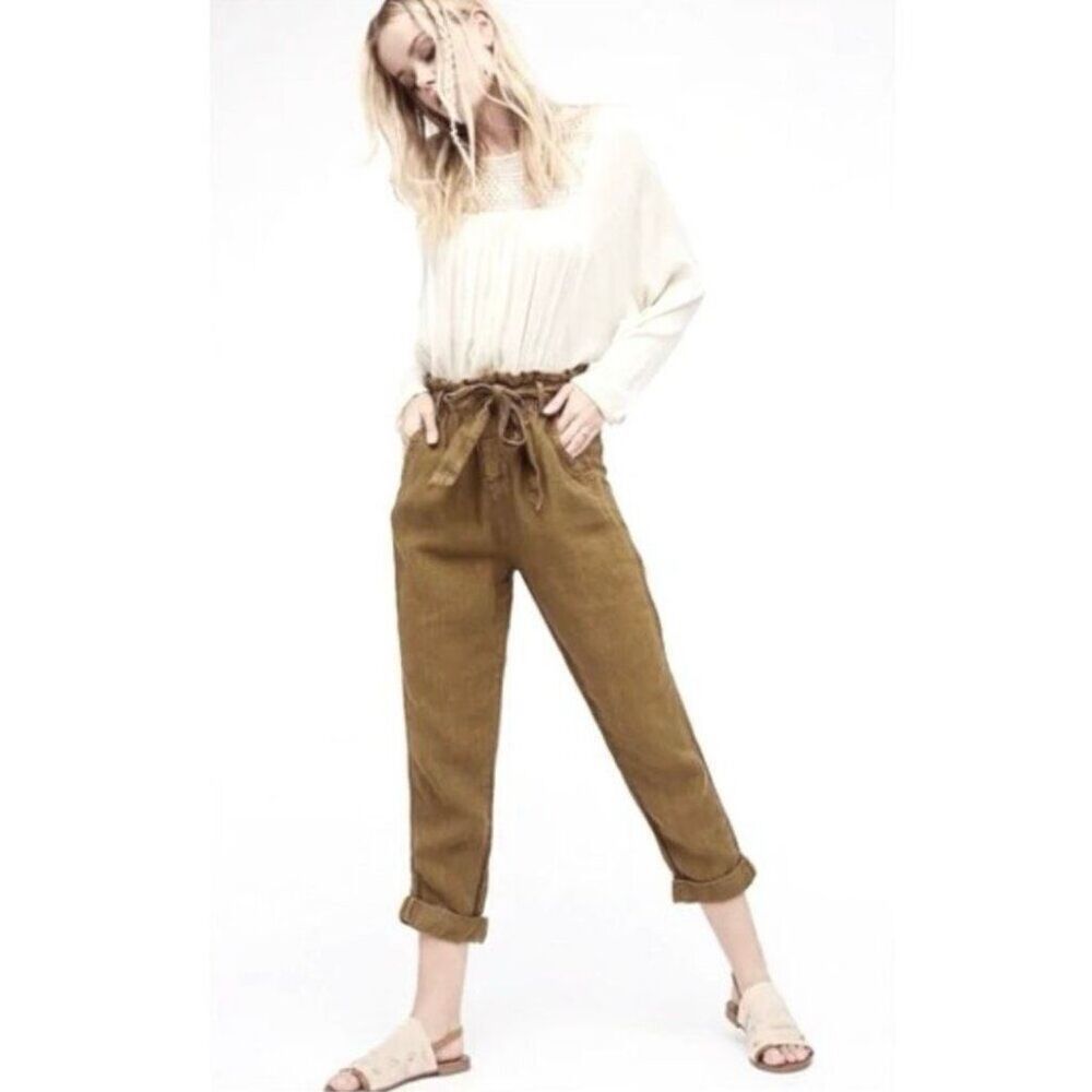 Free People Linen Paper Bag High Waisted Pants Cropped Small Women